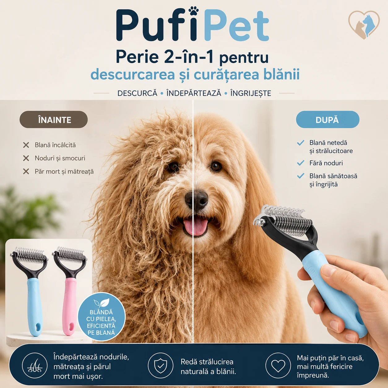 PufiPet – Perie Profesională 2-în-1 pentru Câini și Pisici