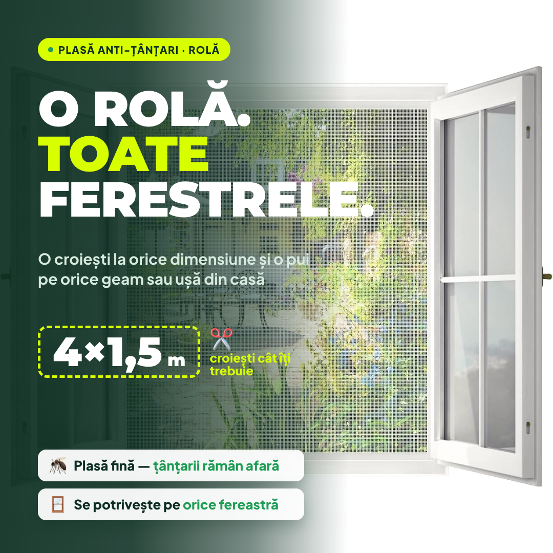 Plasă Anti-Țânțari pe Rolă 4×1,5 m – Se Croiește pe Orice Fereastră sau Ușă