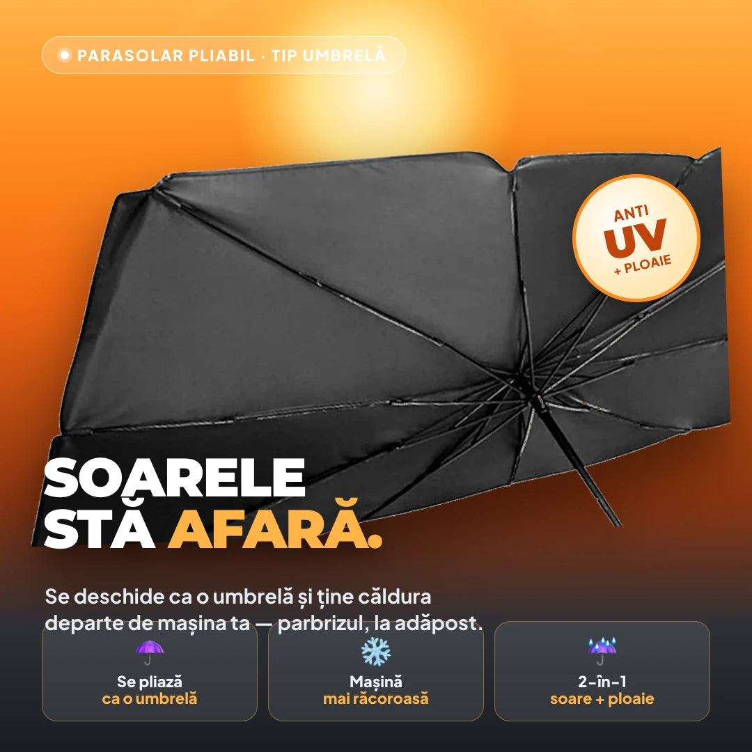Parasolar Pliabil tip Umbrelă pentru Parbriz — Anti-UV & Ploaie (Husă Inclusă)