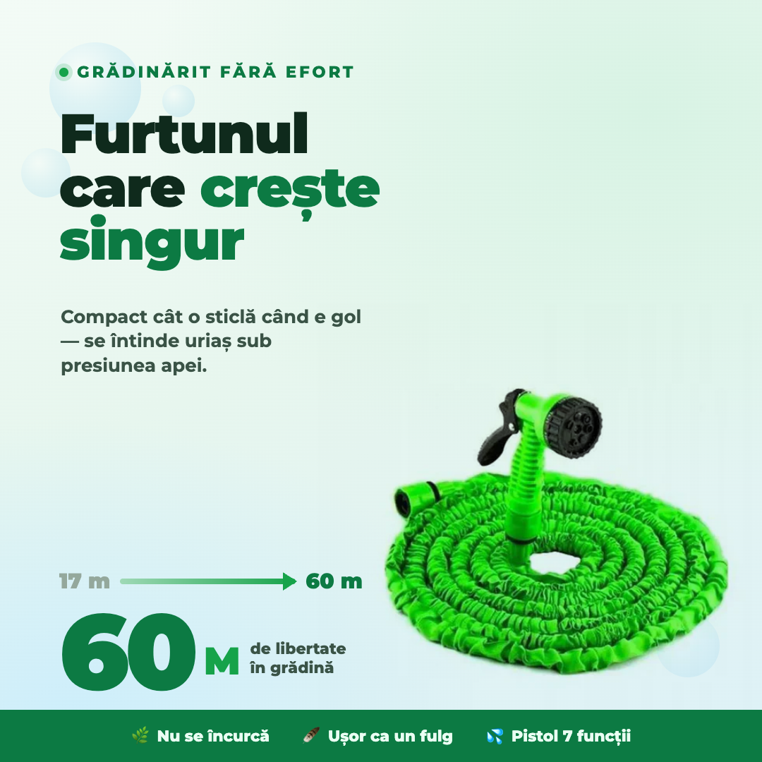 Furtun de Grădină Extensibil 60 M + Pistol 7 Funcții – Se Întinde Singur Sub Presiune