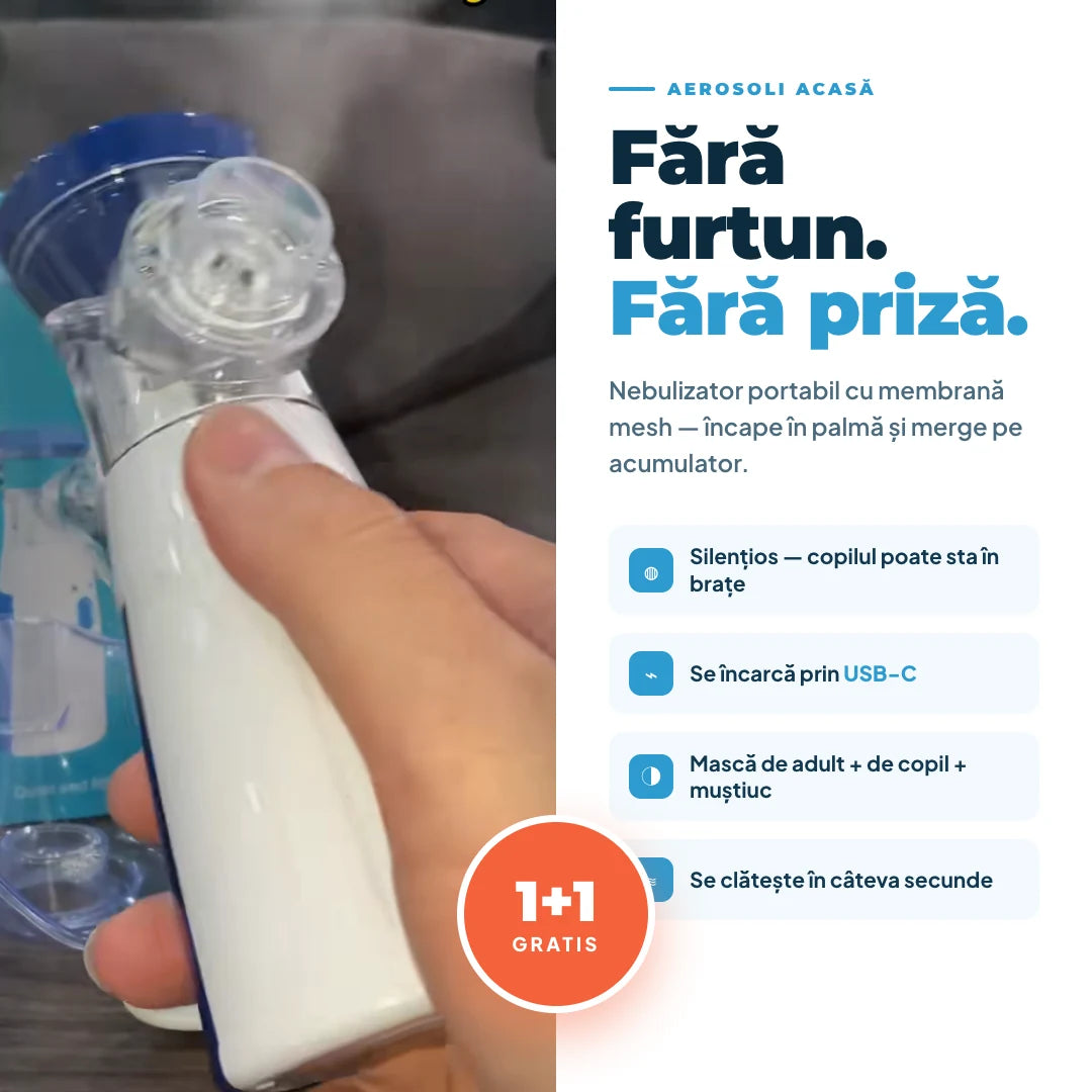 Nebulizator Portabil cu Membrană Mesh — Fără Furtun, Fără Priză, cu Mască de Adult și de Copil