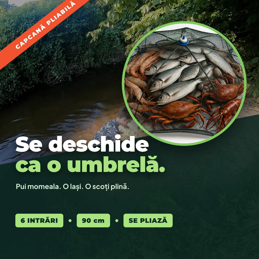 Plasă de Pescuit Pliabilă tip Umbrelă — 6 Intrări, 90 cm, se Deschide dintr-o Mișcare