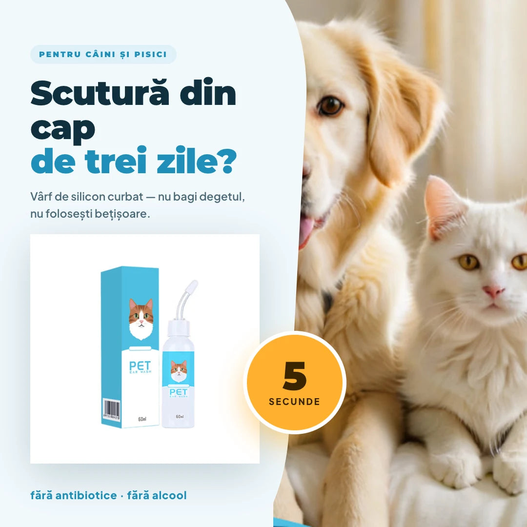 Soluție de Curățare a Urechilor pentru Câini și Pisici — cu Vârf de Silicon Curbat, fără Antibiotice